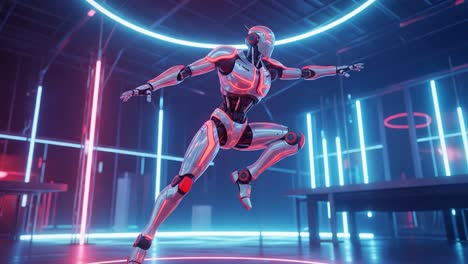 a futuristic robot in motion captured in stunning neon light, showcasing advanced robotics and dynamic movement in a high-tech environment