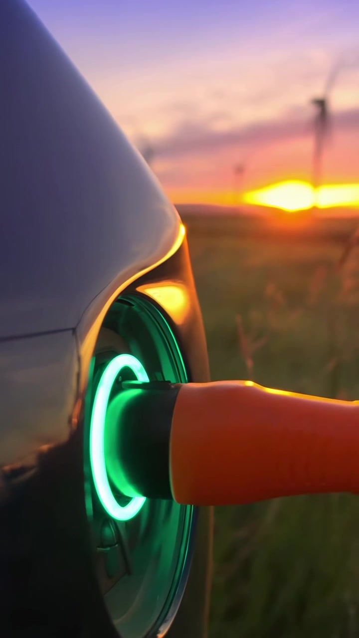 Arka Planda Rüzgar Türbinleri ile Gün Batımında Şarj Olan Elektrikli Araba