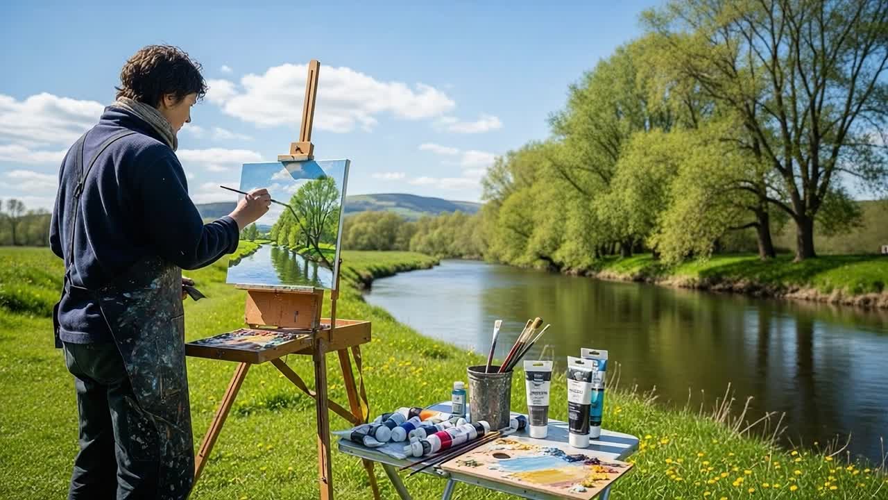 An Artist Captures Tranquility: Oil Painting by a Riverside with Lush Green Landscape and Reflections Under a Bright Blue Sky