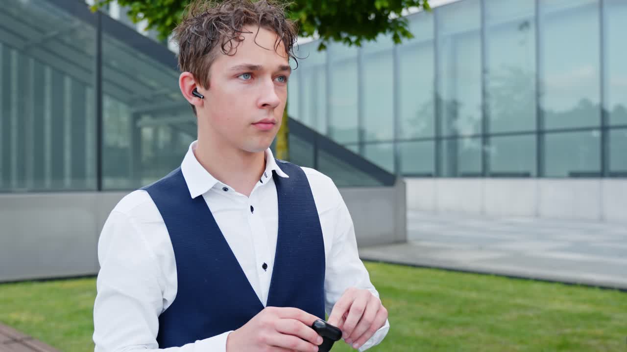 Man outdoors in suit putting in earplugs for music, focused and calm