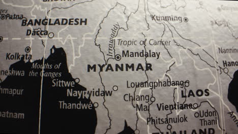 close-up of a map or globe showing myanmar and surrounding southeast asian countries