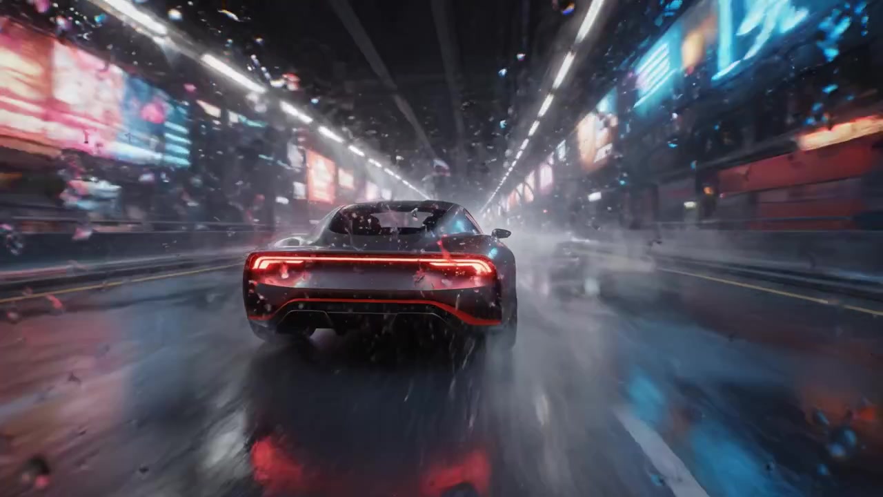 Scena dinamica di un'hypercar futuristica che sfreccia attraverso una città illuminata al neon di notte sotto la pioggia, mostrando velocità e movimento con uno sfondo urbano mozzafiato.