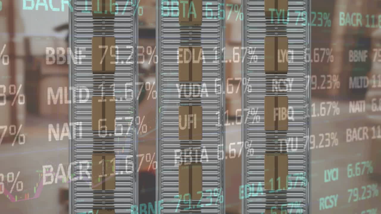 анимация обработки финансовых данных над картонными коробками на конвейерных лентах