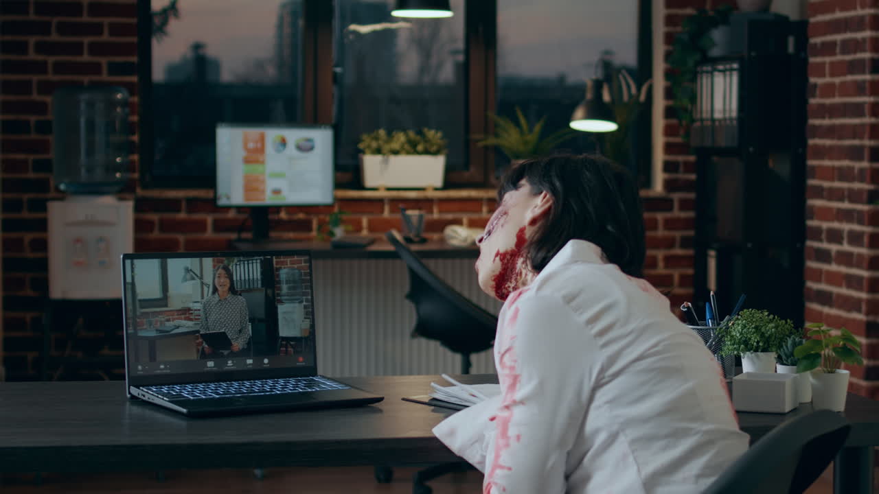Angry creepy office zombie sitting at desk while gesturing angrily at digital video call