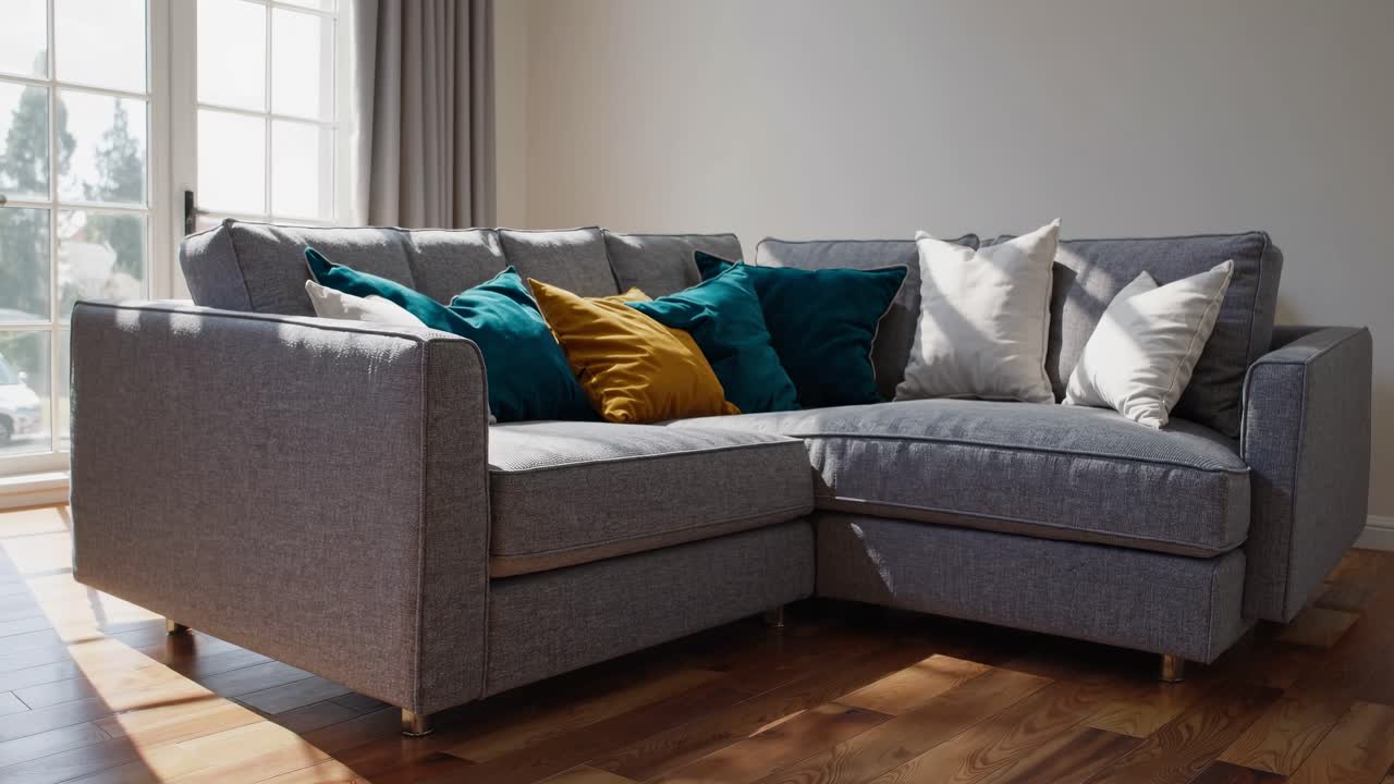 Sofa sectional abu-abu yang nyaman dengan bantal warna-warni di ruang keluarga yang terkena sinar matahari