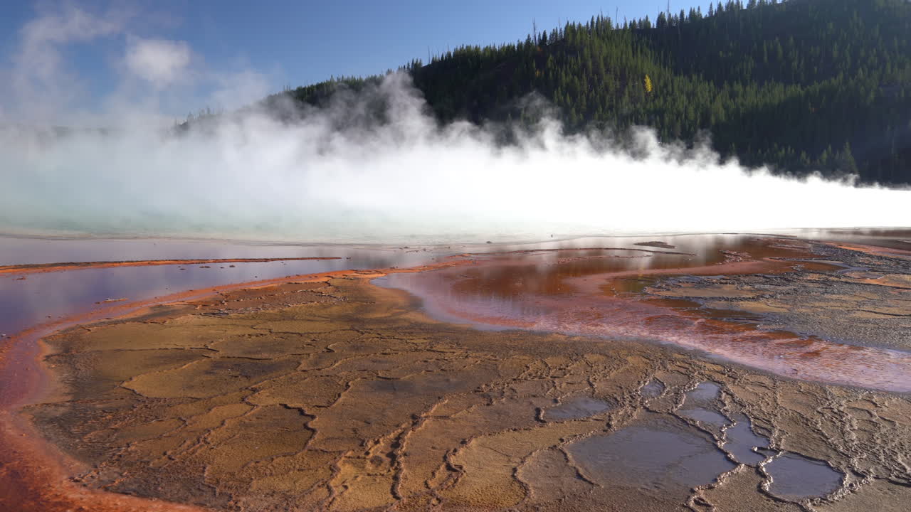 parque nacional de yellowstone, vapor y vapor sobre canales de escorrentía de aguas termales, panorama