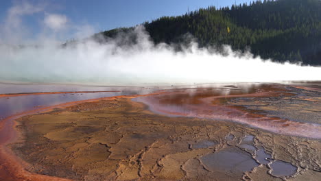 yellowstone national park, steam and vapor above hot springs runoff channels, panorama