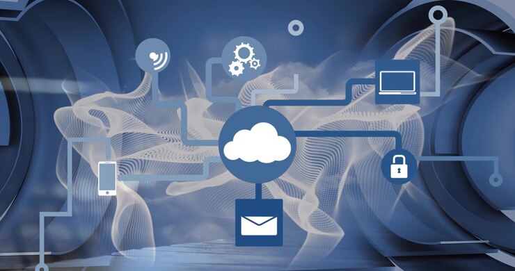 Animation of graphical flowchart with computer icons and abstract pattern on blue background