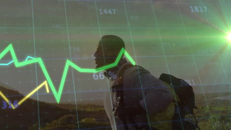 hiker exploring hillside at sunset, displaying animated technology graphs with numeric labels