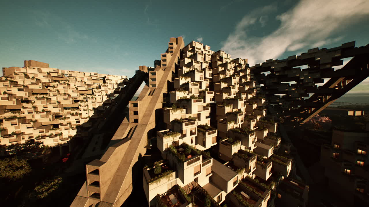 Strutture architettoniche innovative si ergono sul paesaggio al tramonto