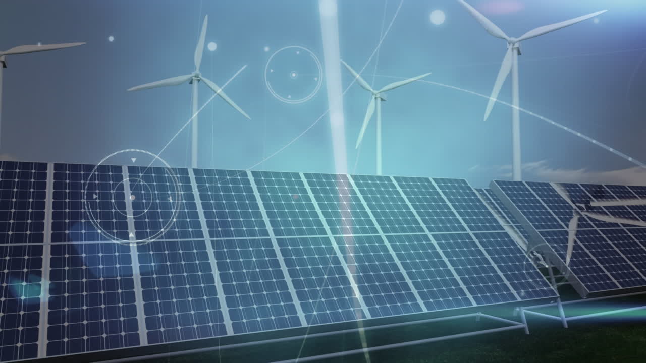 Animation of connections over solar panels and wind turbines