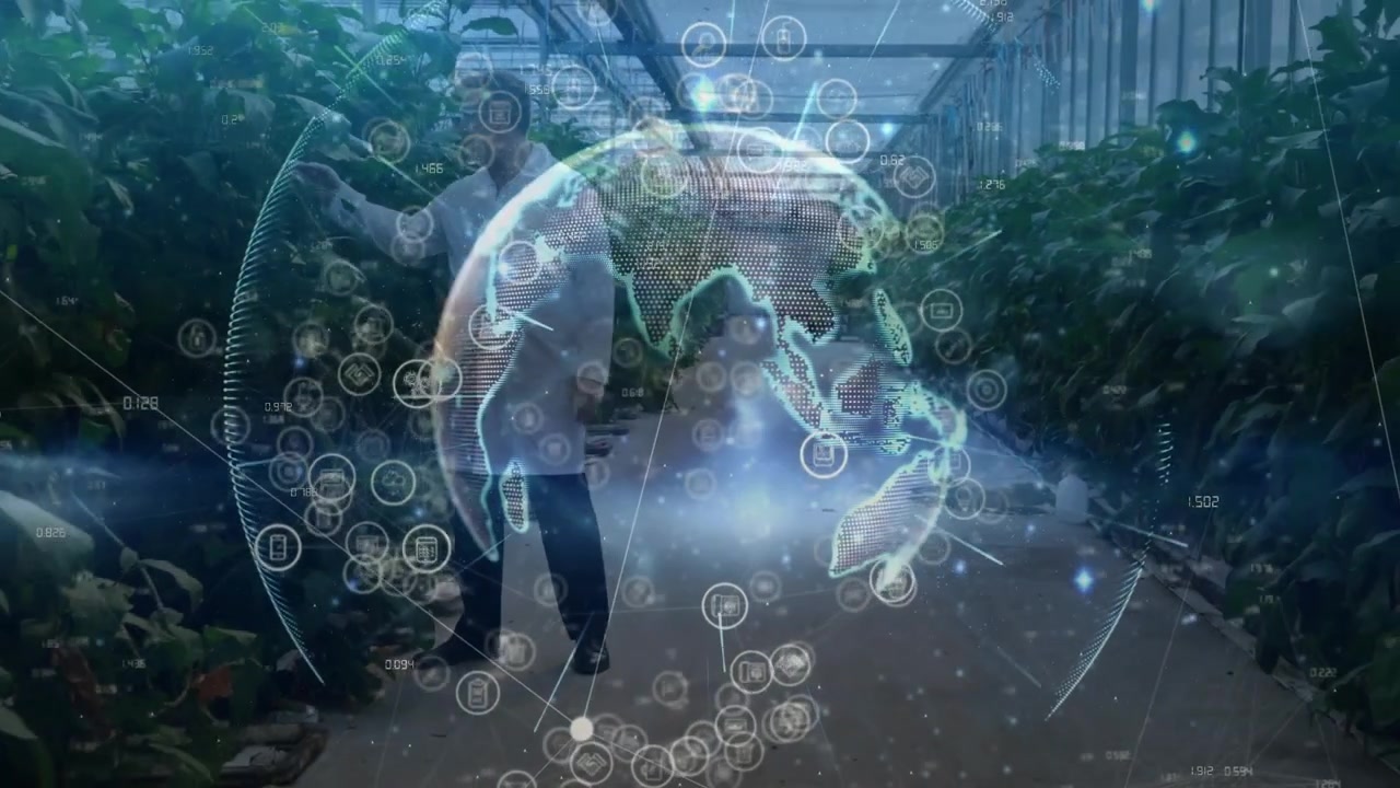 Scientist Inspecting Plants in Greenhouse with Digital Globe Overlay
