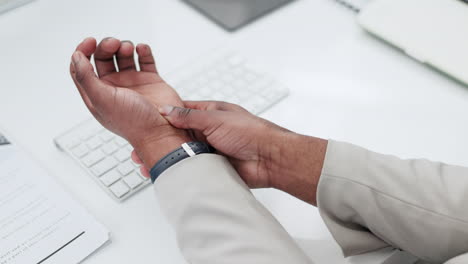 wrist pain, injury or hands of businessman