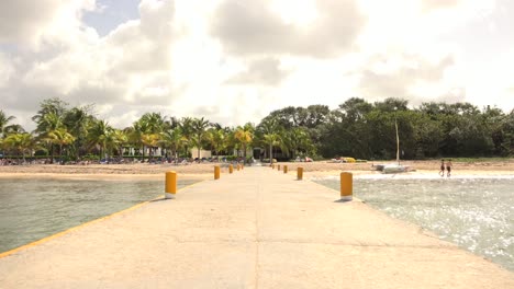 pier with yellow pillars and beach with palm trees in background