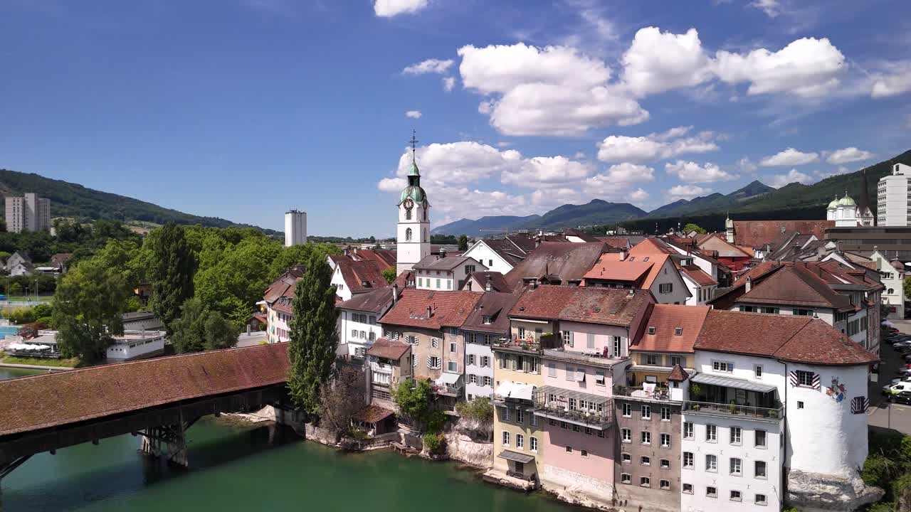 Aare river medieval bridge Olten old town square Switzerland aerial drone Europe