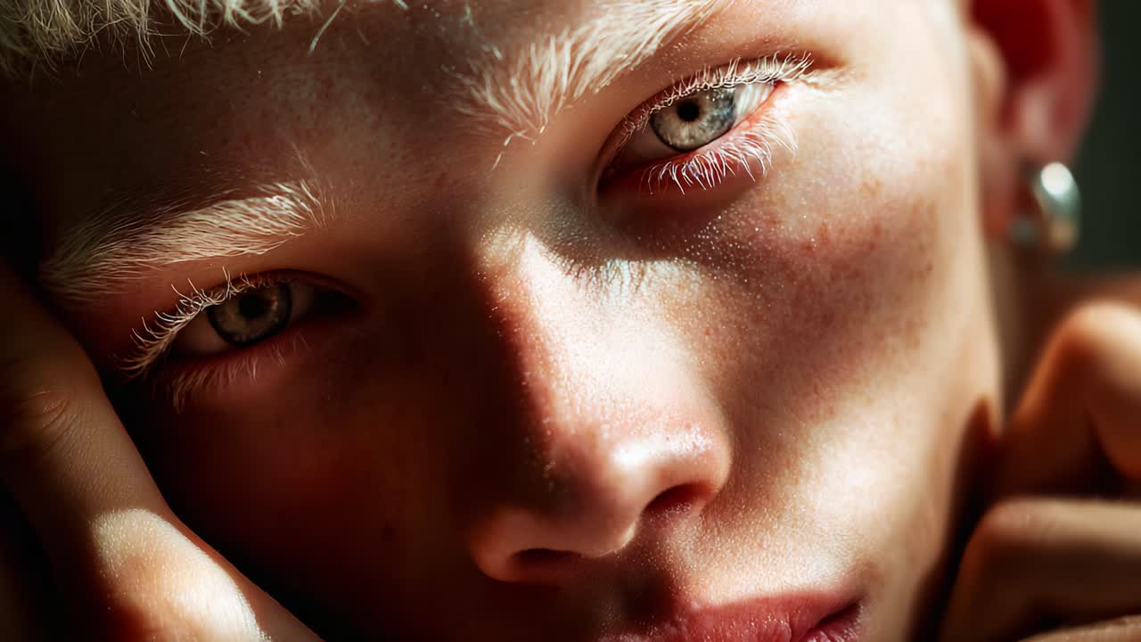A Captivating Close-Up of a Young Person's Face, Showcasing Unique Features Like Striking Light Reflections and Intriguing Eye Colors That Draw Attention and Spark Curiosity