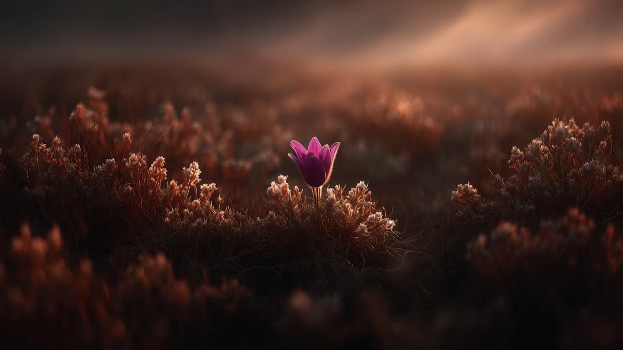 A Stunning Solo Flower Blooming in a Vast, Glowing Landscape at Dusk, Surrounded by Lush Grasses and Silhouetted by Soft Natural Light