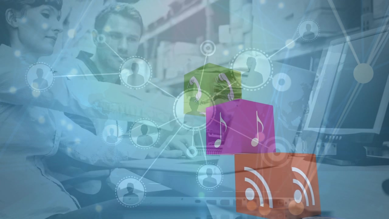 Animation of network of connections over tech icons, people and office