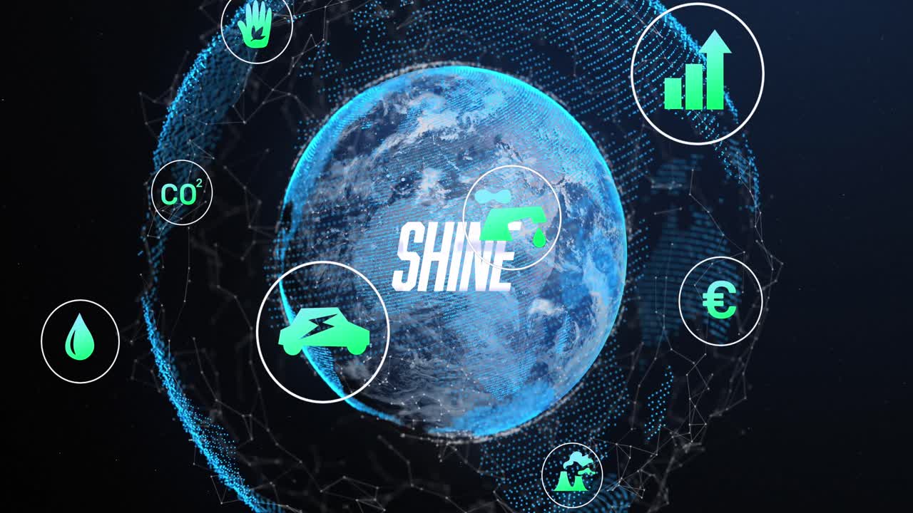 지구의 어두운 배경 위에 떨어지는 아이콘의 애니메이션