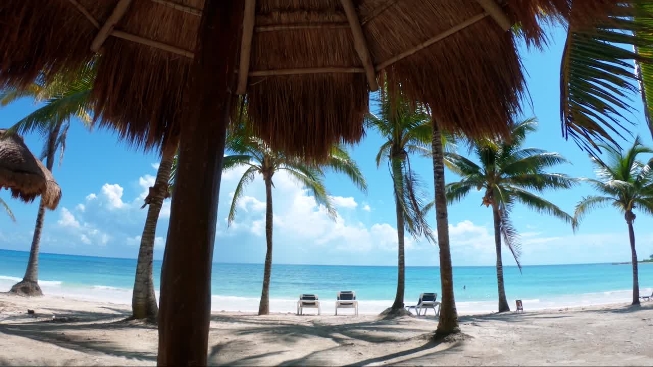 hermosa foto de una playa tropical con arena blanca, palmeras y agua turquesa en la hermosa playa del carmen en riviera maya, méxico cerca de cancún en un soleado día de verano de vacaciones