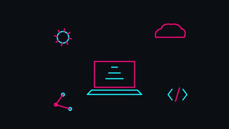 Animated Neon Laptop Icon with Technology Symbols on Dark Background