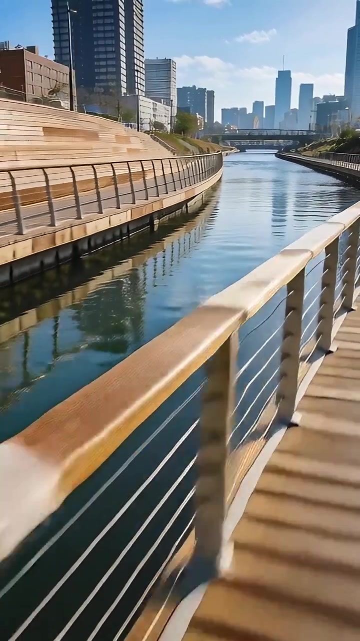 Video verticale: Telecamera che inizia a muoversi in avanti lungo un canale, seguendo cavi di ringhiera in legno fino a un ponte.