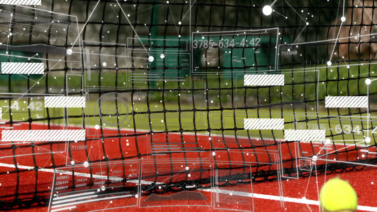 Digital data processing animation overlay on tennis court net in school setting