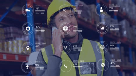 Animación-De-Iconos-Y-Procesamiento-De-Datos-Sobre-Un-Hombre-Caucásico-Que-Trabaja-En-Un-Almacén