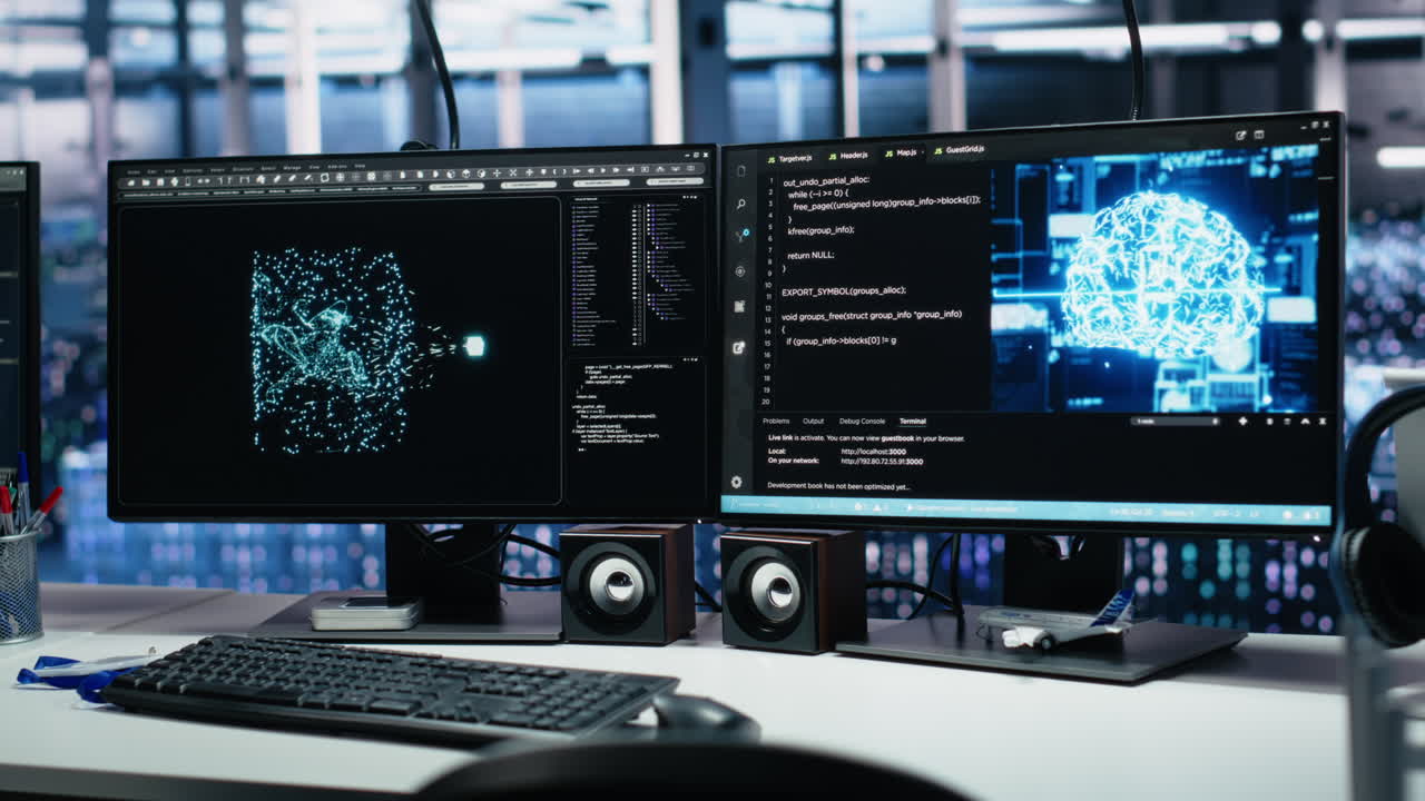 Monitors In Data Center Displaying Ai Tech Software Interface