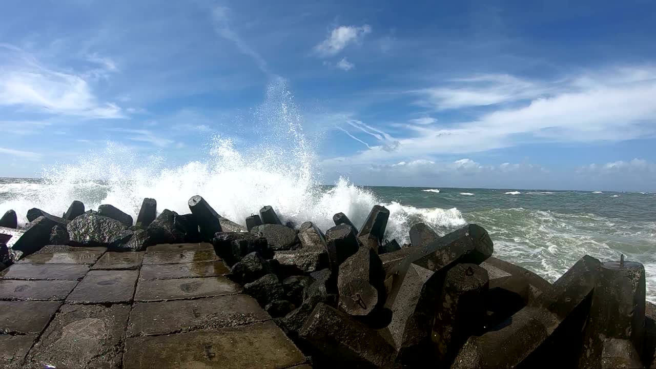 Dyke protection with concrete groins, breakers, North Sea, Denmark, 4K
