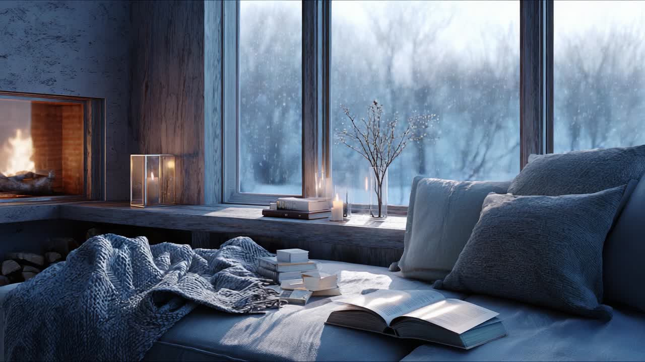 A Cozy Winter Retreat: Capturing the Peaceful Ambiance of a Warm Indoor Space with Soft Textures, a Flickering Fire, and Snowfall Outside, Perfect for Relaxation and Enjoying A Good Book
