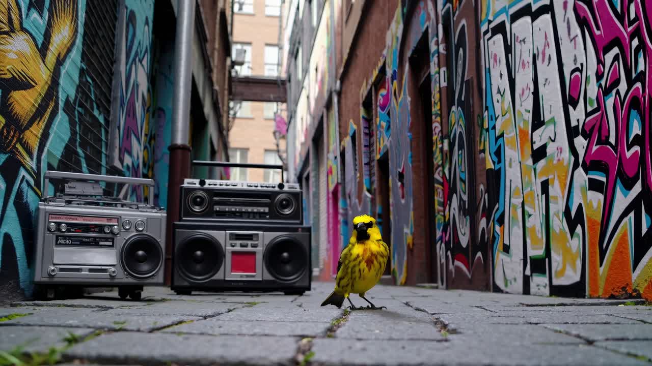 Vibrant yellow bird gracefully walks past vintage boomboxes in an urban alley adorned with colorful graffiti, showcasing a lively scene of motion and artistic expression