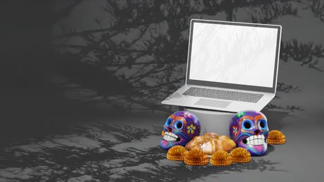 Day-of-The-Dead-Festival,-Dia-de-Muertos-,-Design-Mockup,-Mexico,Laptop,-Skulls,-Traditional-Floral-and-Pastry,-Grey-Background