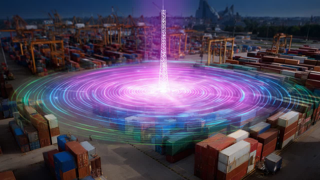 A Vibrant Signal Tower Illuminating a Port with Colorful Energy Waves, Surrounded by Stacked Shipping Containers, Creating a Stunning Visual Display of Modern Technology and Logistics