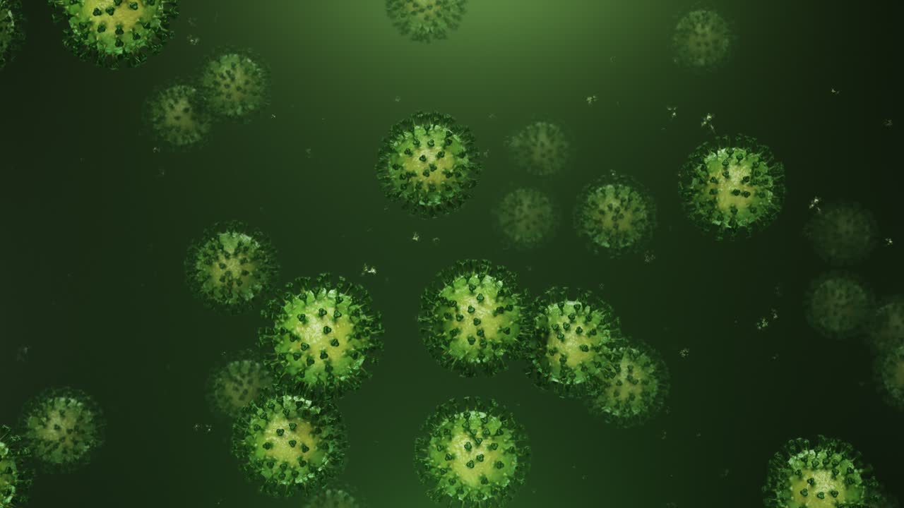 Coronavirus verde volante con particelle