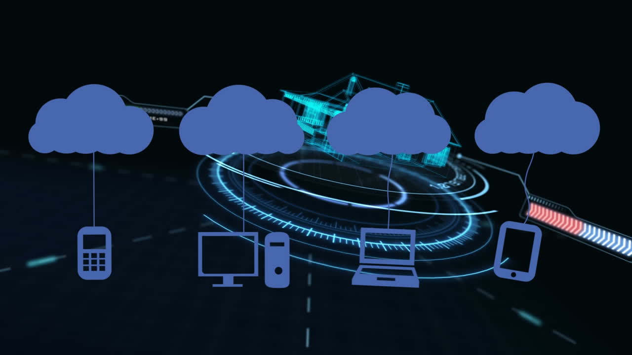 Animation of clouds with icons over digital model of house