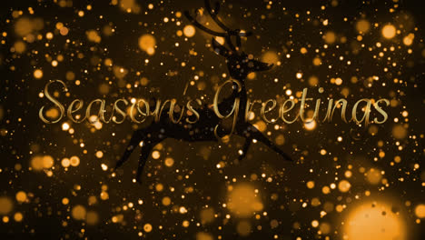 animation of seasons greetings text over running reindeer and orange bokeh