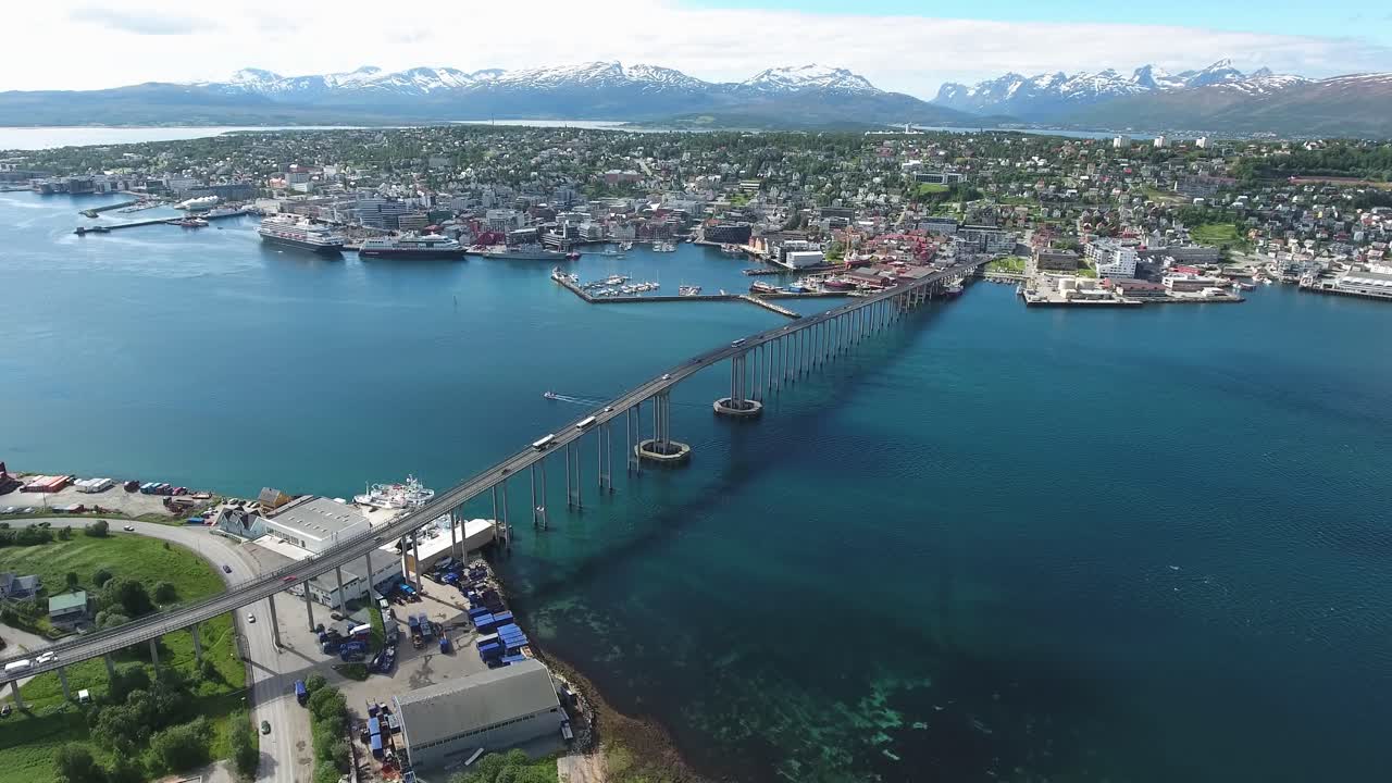 Aerial View of a City and Bridge in Norway
