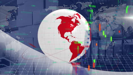 animation of globe and digital interface with data processing over warehouse