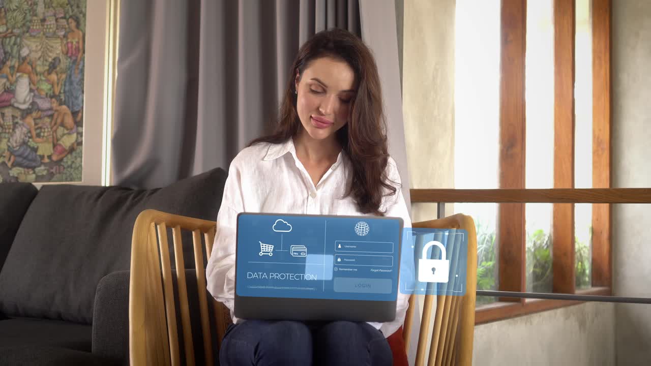 joven empleada hermosa que trabaja desde casa y hace pagos en línea con billetera digital y acceso seguro, seguridad protección de datos, vpn, seguridad cibernética de internet, protección contra delitos cibernéticos