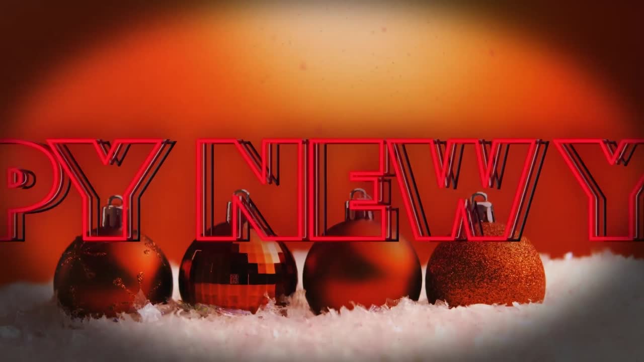 animación de texto de feliz año nuevo sobre bolas de navidad