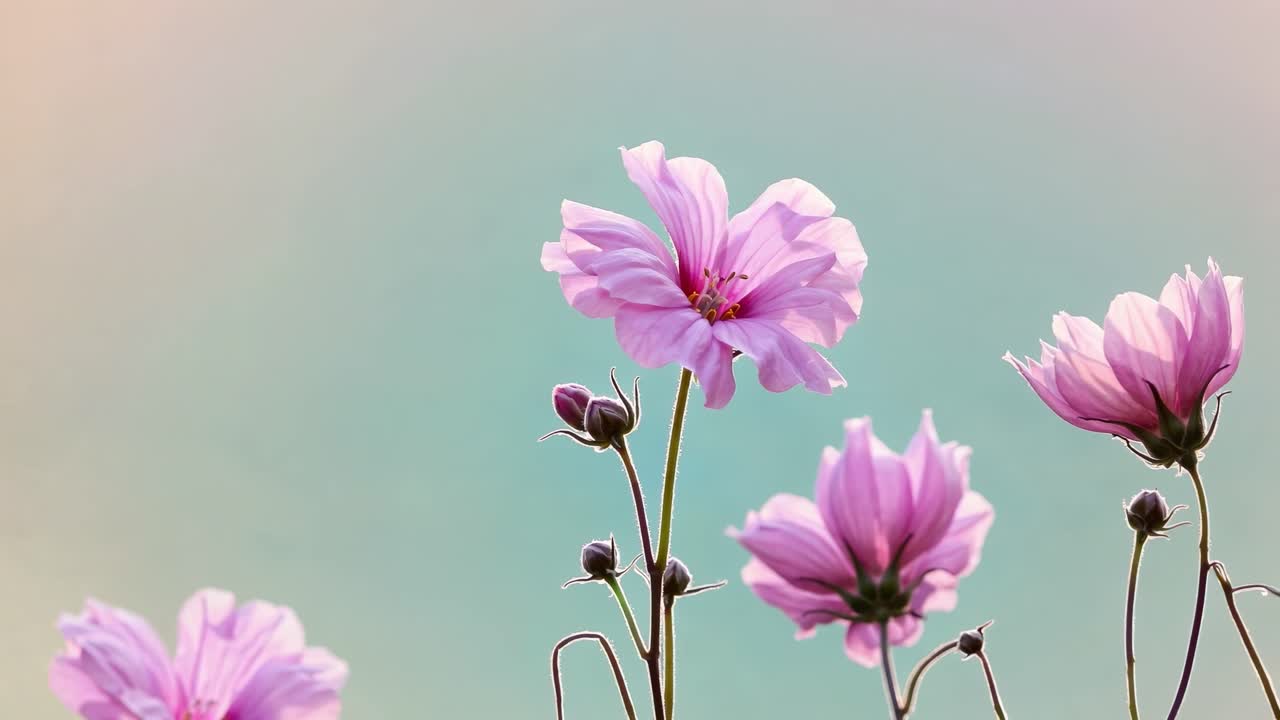 Video med mykt fokus av rosa blomster mot en pastellfarget himmel, fanget fra en lav vinkel, som skaper en drømmeaktig atmosfære.