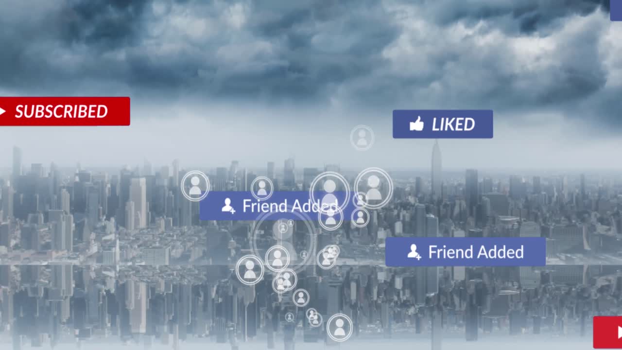 도시 풍경 위에 떨어지는 소셜 미디어 아이콘과 이모티콘의 애니메이션