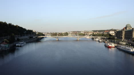 Aerial-Shot-Of-Stefanikuv-Bridge-On-The-Vltava-River-In-Prague,-Czech-Republic