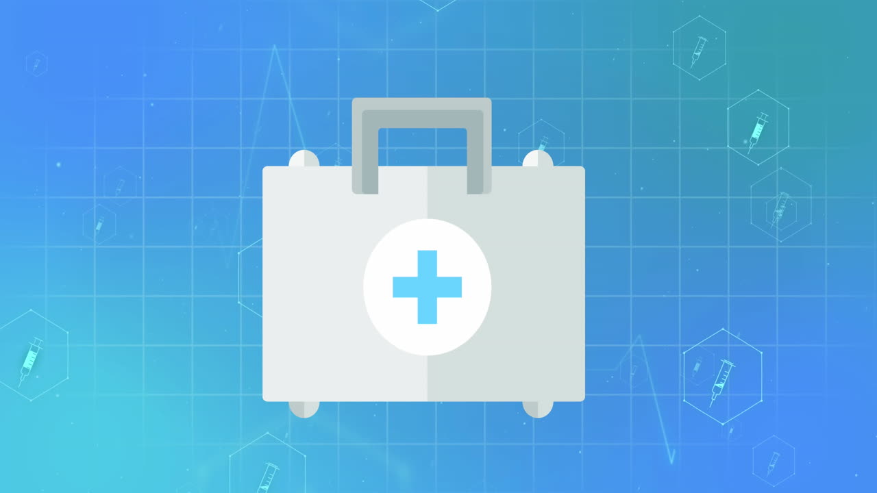 Animation of medical icons and medical kit on blue background