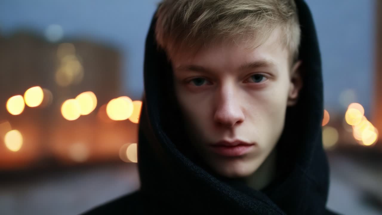 A contemplative young man stands before a blurred cityscape, his serious expression highlighted by soft, warm bokeh lights that set an intriguing mood and atmosphere