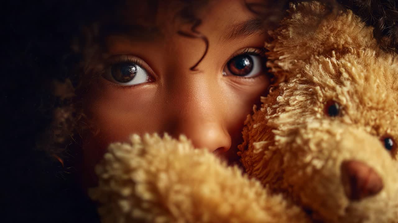 A close-up of a child's mesmerizing eyes, filled with wonder and innocence, as they embrace their soft teddy bear, capturing a moment of comfort and connection