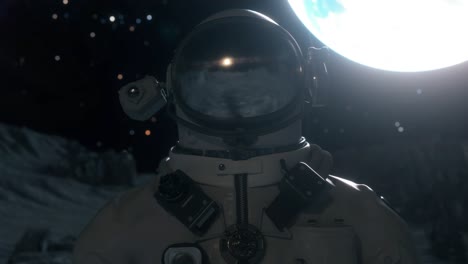 astronaut walks on surface of the planet. closeup view of space suit helmet