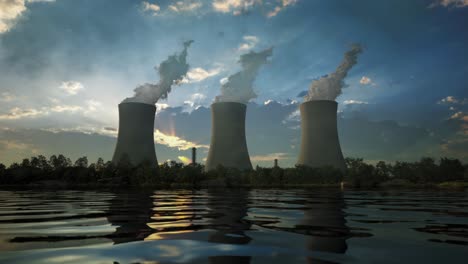 steaming cooling towers of nuclear power plant