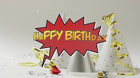 Animación-Del-Texto-De-Feliz-Cumpleaños-Sobre-Sombreros-De-Fiesta-En-Segundo-Plano